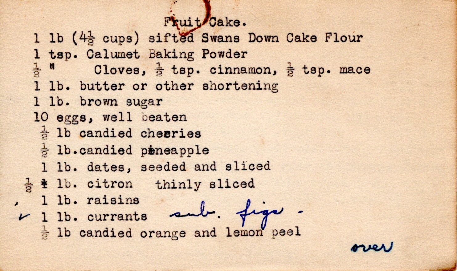 Isabella's fruit cake recipe, card 1, front