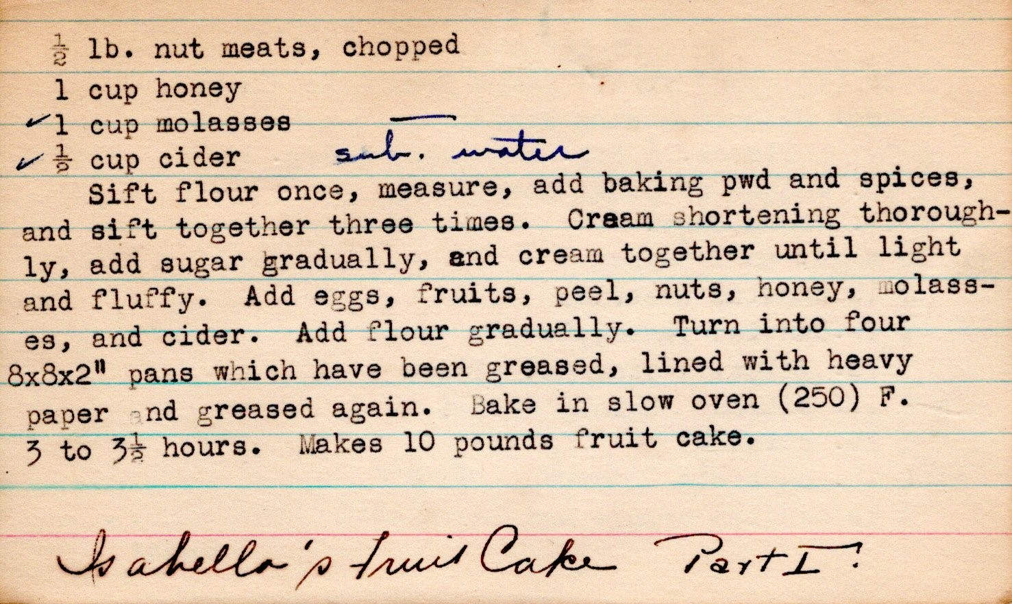 Isabella's fruit cake recipe, card 1, back