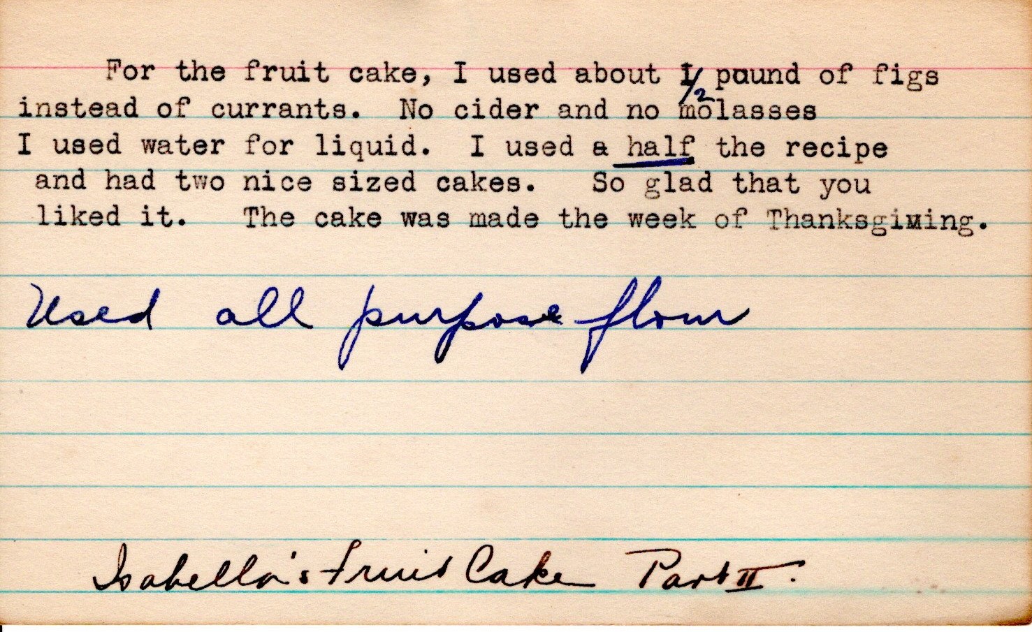 Isabella's fruit cake recipe, card 2, comments