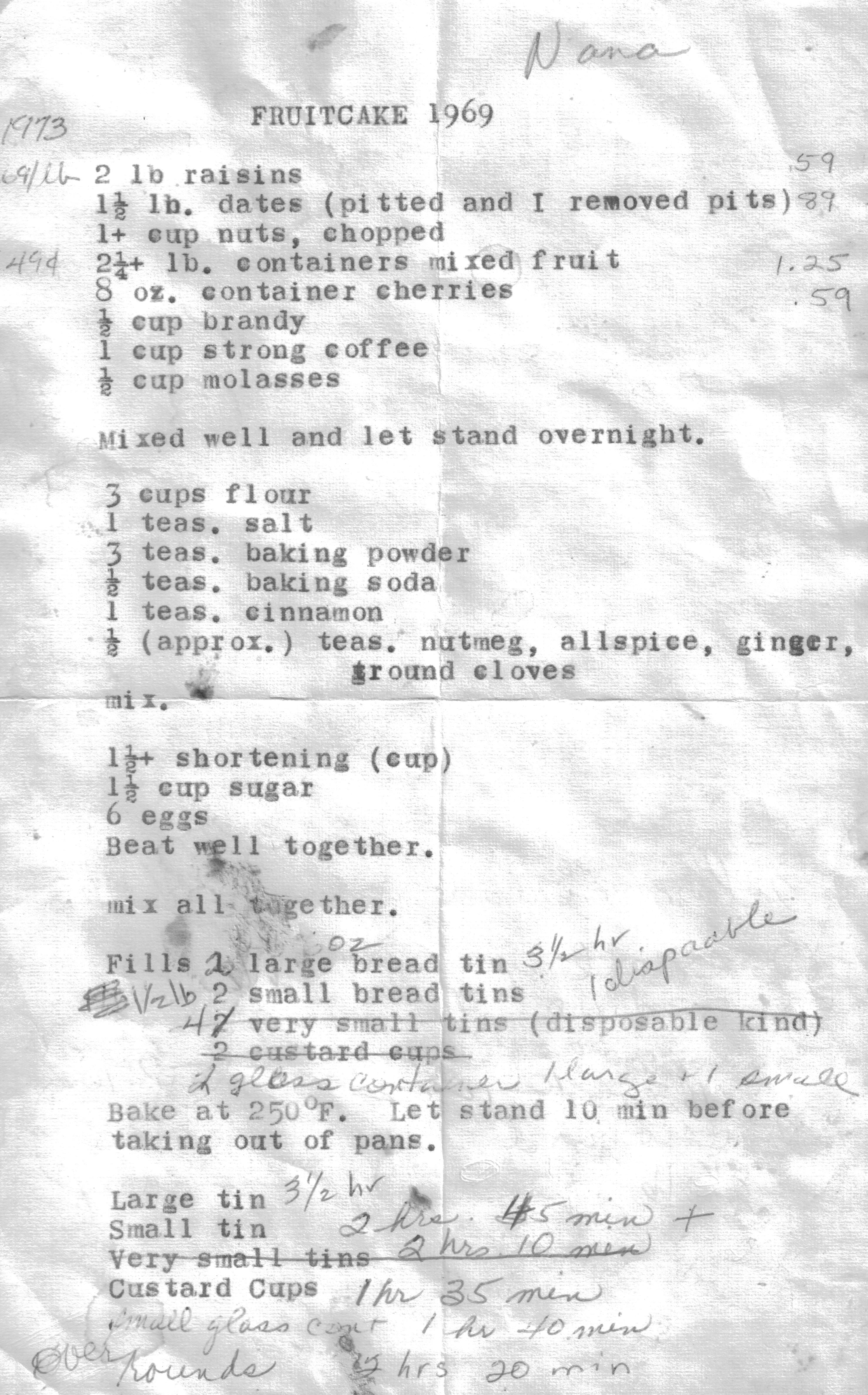 Fruitcake 1969, page 1, recipe