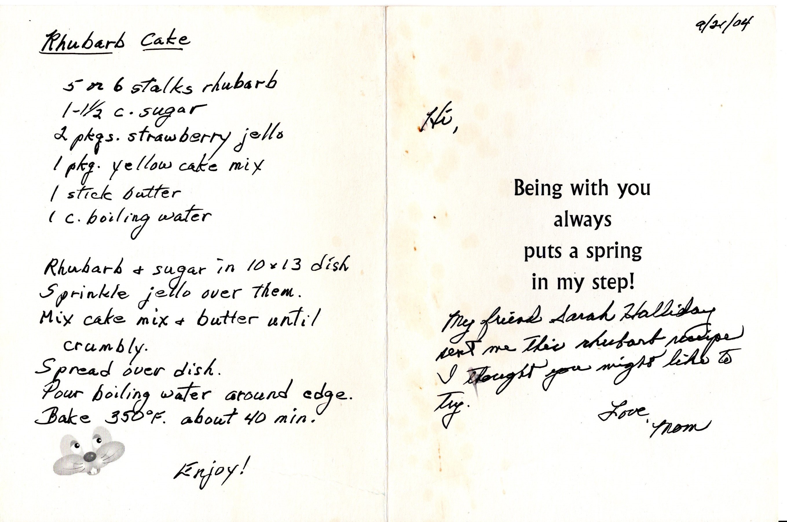 Hand-written recipe (left) and note (right)